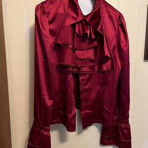 Red Ruffled Bell Sleeve Blouse with Bib Collar